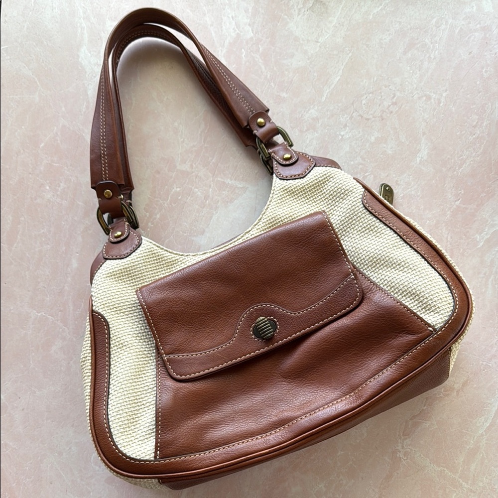 Vintage Cole Haan Brown Leather and Linen Women's Shoulder Bag